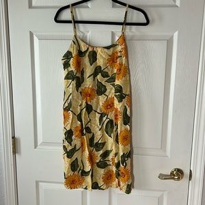 Vintage 90s Express Sunflower Print Rayon Spagetti Strap Mini Dress, Sz 7/8